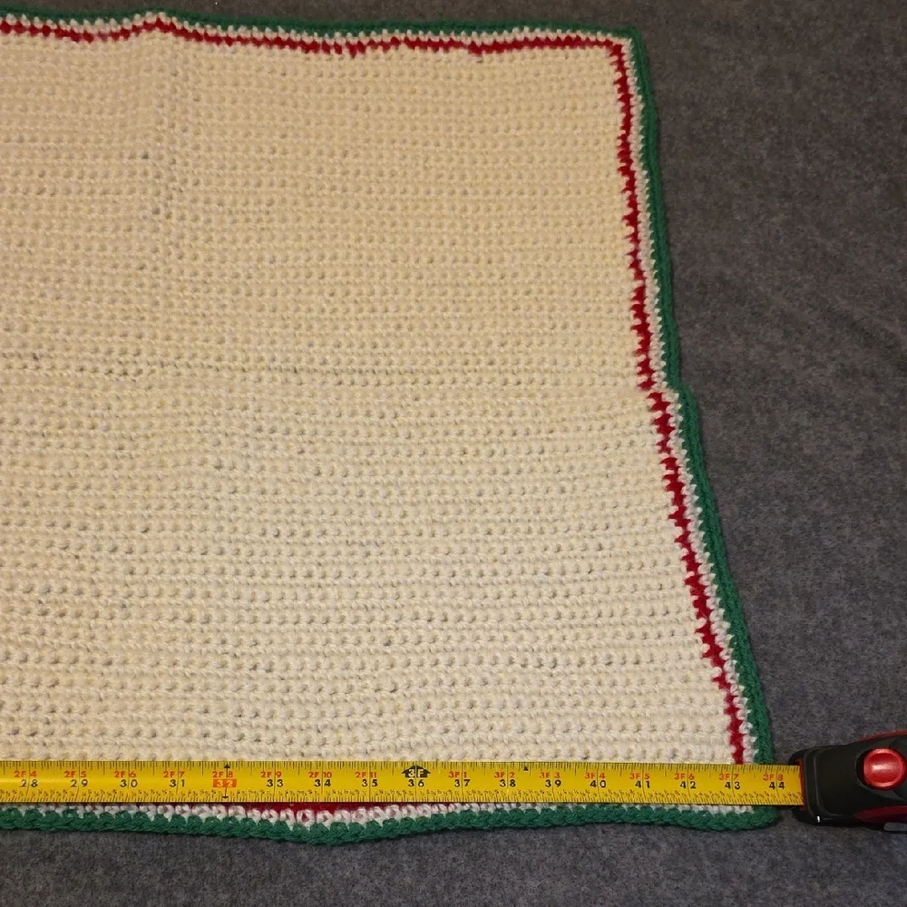 Handmade Cream Knit Lap Blanket with Christmas Red and Green Trim